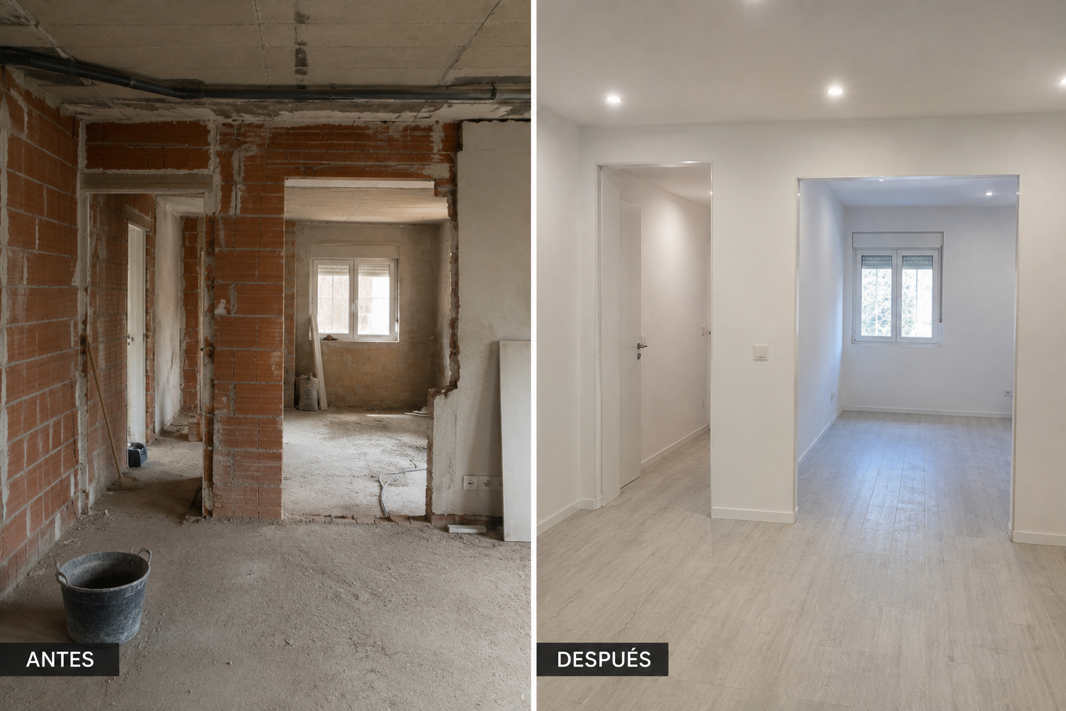 Antes y después de una obra de albañilería con tabiques y acabados