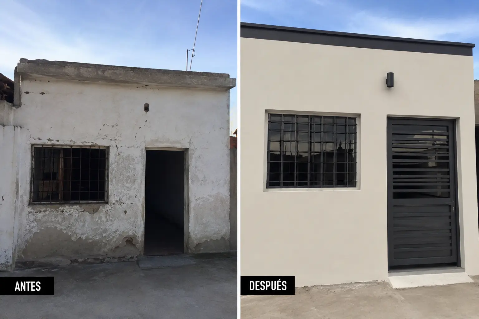 Antes y después de la reparación y pintura de la fachada de un local